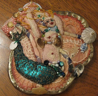 Mermaid compact, stumpwork embroidery, handmade by C. Buffalo Larkin