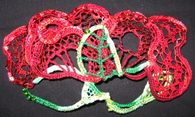 Red Rose needlelace mask, handmade by C. Buffalo Larkin