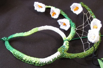 Lily of the Valley one-eyed needlelace mask, handmade by C. Buffalo Larkin