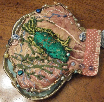Mermaid compact (back), stumpwork embroidery, handmade by C. Buffalo Larkin