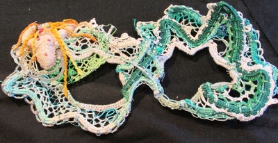 Needlelace mask with stumpwork mermaid, handmade by C. Buffalo Larkin