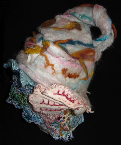 Queen of the Sea Hat (left side view), wet felting and needle felting by C. Buffalo Larkin