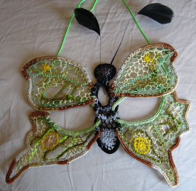 Moon Moth needlelace mask, handmade by C. Buffalo Larkin