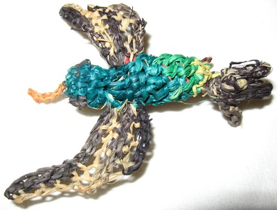 Blue Hummingbird, crocheted raffia