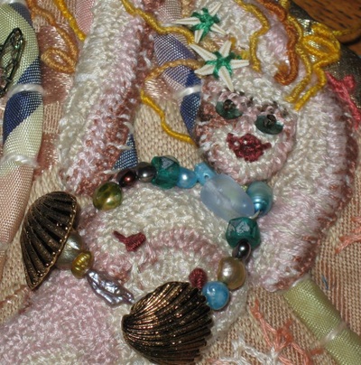 Mermaid compact (detail), stumpwork embroidery, handmade by C. Buffalo Larkin