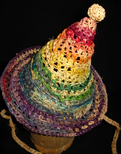 Rainbow Party Hat, crocheted raffia by C. Buffalo Larkin