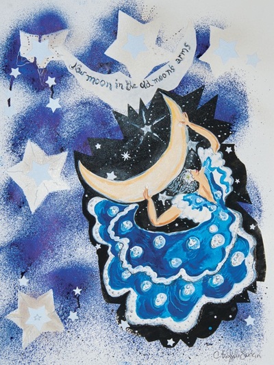 "New Moon in Old Moon's Arms", watercolor/mixed media, artist: Christina Larkin