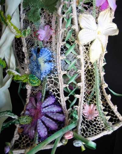 Flowered needlelace and applique corset (side view), handmade by C. Buffalo Larkin