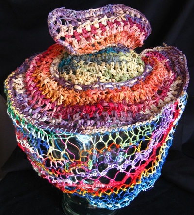 Rainbow Hat with Needlelace Veil, crocheted raffia & needlelace by C. Buffalo Larkin