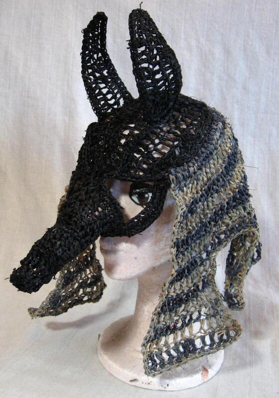 Anubis Mask, crocheted raffia. Handmade by C. Buffalo Larkin