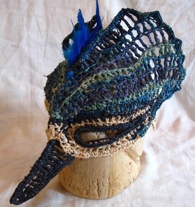 Bluejay Mask, crocheted raffia by C. Buffalo Larkin