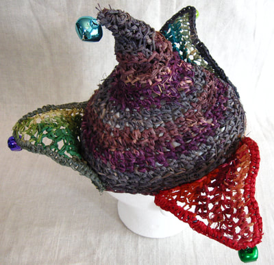 Everyday Jester Hat with Bells, crocheted raffia by C. Buffalo Larkin