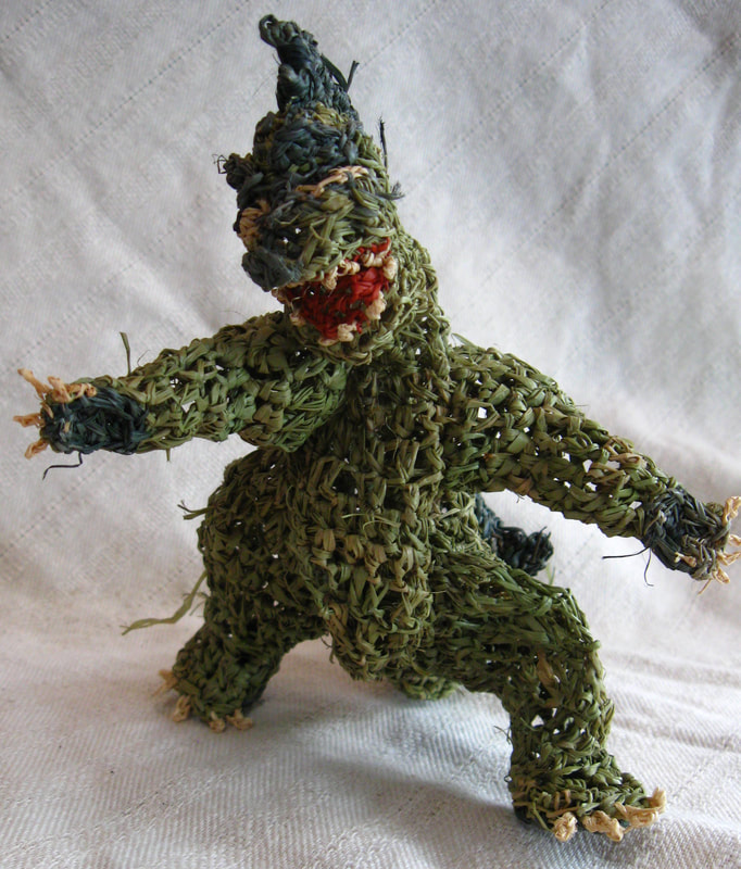 Godzilla, crocheted raffia