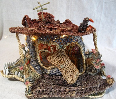House Hat with Picket Fence, crocheted raffia by C. Buffalo Larkin