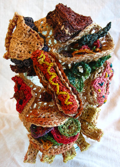 Junk Food Mask, crocheted raffia by C. Buffalo Larkin (inspired by Arcimboldo)