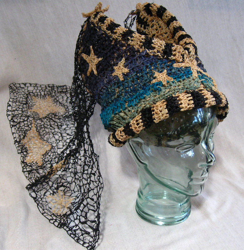 Medieval style duchess hat with needlelace veil, crocheted raffia by C. Buffalo Larkin