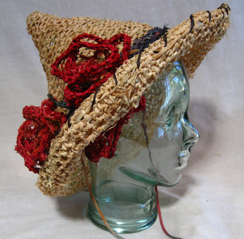 Sombrero with Red Roses, crocheted raffia by C. Buffalo Larkin